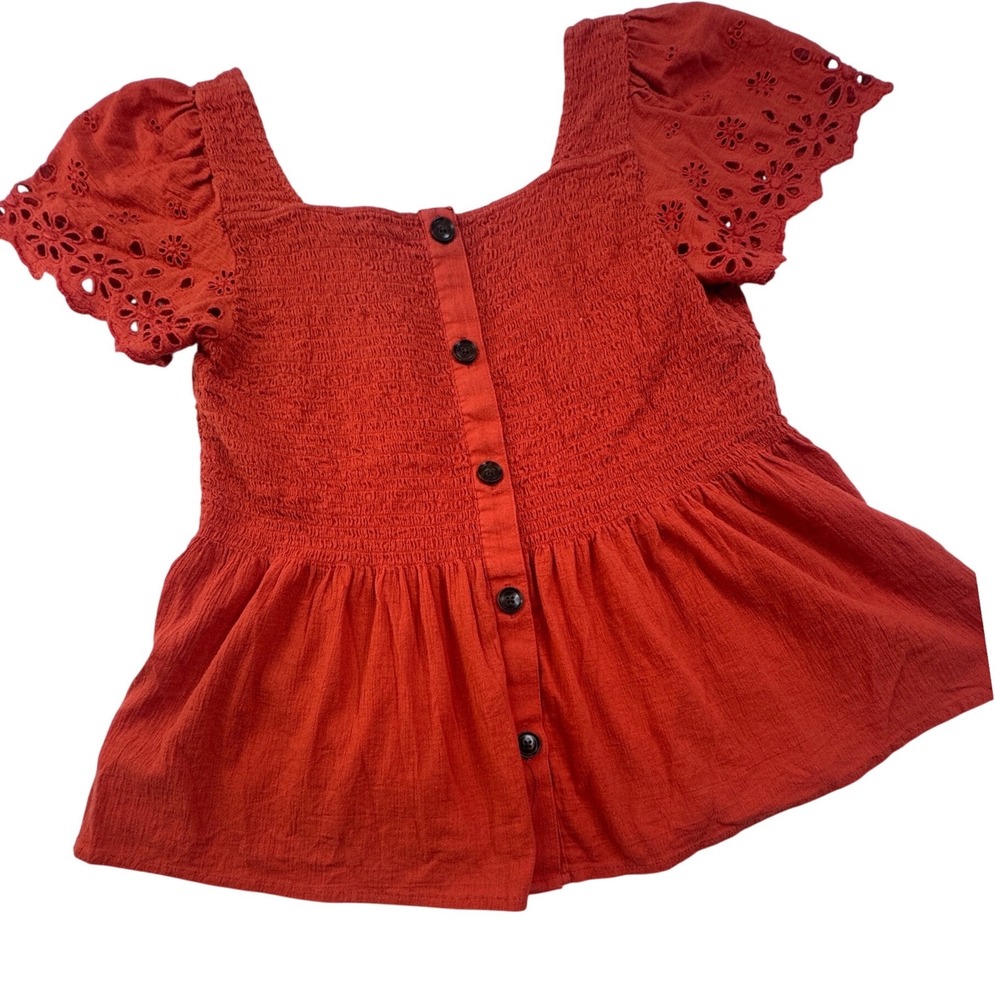 Madewell Smocked Peplum Top orange Eyelet Sleeve Button Front Large festival